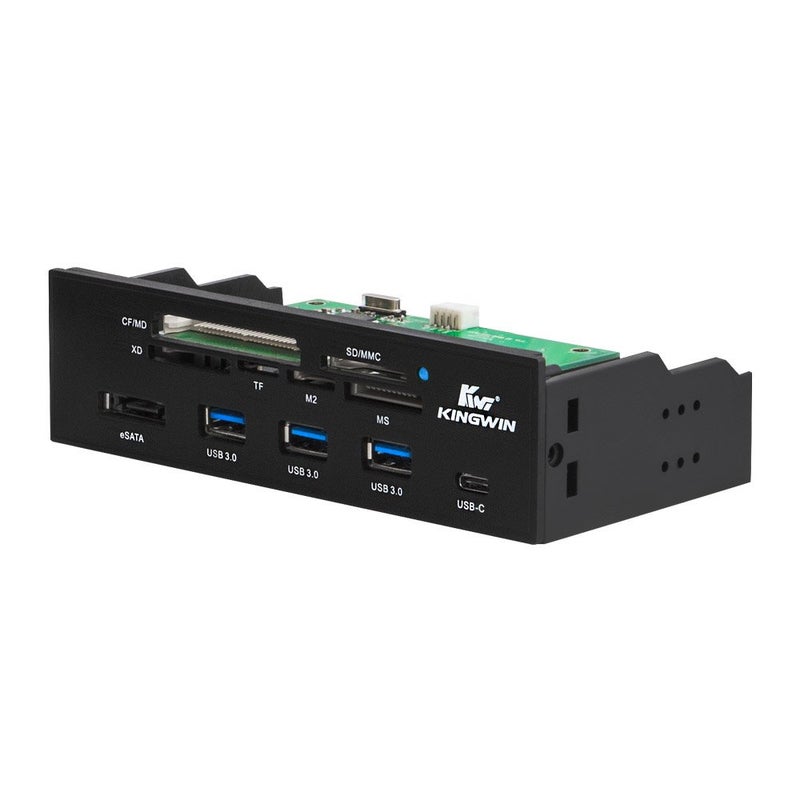 Kingwin Powered USB Hub 3.0 w/ 1 USB-C Port, SD Card Reader & Micro SD Card Reader - Sata Power Port w/Lightning Speed Data Transfer Up to 5Gbps - 5.25" Computer Case Front Bay, black (KW525-3U3CR) - Image 1